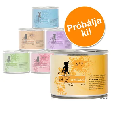 catz finefood macskaeledel konzerv válogatás, különböző színes dobozokkal, nagy narancssárga körben: Próbálja ki!