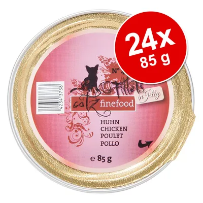 catz finefood Huhn Chicken Poulet Pollo i gelé, 24x85 g. Rund förpackning med rosa etikett och streckkod, vikt 85 g synlig. catz finefood Huhn Chicken Poulet Pollo i gelé, 24x85 g. Rund förpackning med rosa etikett och streckkod, vikt 85 g synlig.