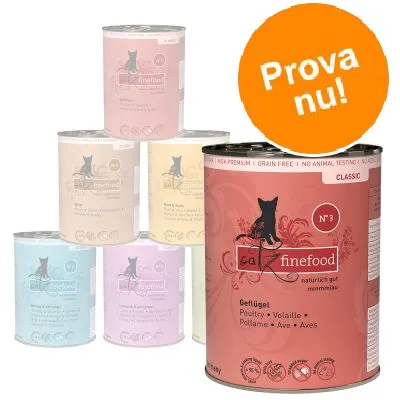 Flera burkar catz finefood våtfoder för katt, olika smaker. Stor burk med texten 'Getlügel Poultry Volaille Pollame Ave Aves'. Orange cirkel med texten 'Prova nu!'. Flera burkar catz finefood våtfoder för katt, olika smaker. Stor burk med texten 'Getlügel Poultry Volaille Pollame Ave Aves'. Orange cirkel med texten 'Prova nu!'.
