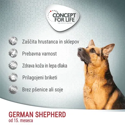 CONCEPT FOR LIFE. Zaščita hrustanca in sklepov, prebavna varnost, zdrava koža in lepa dlaka, prilagojeni briketi, brez pšenice ali soje. GERMAN SHEPHERD od 15. meseca.