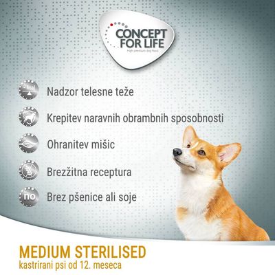 Concept for Life Medium Sterilised, kastrirani psi od 12. meseca. Nadzor telesne teže, krepitev naravnih obrambnih sposobnosti, ohranitev mišic, brez žit, brez pšenice ali soje.