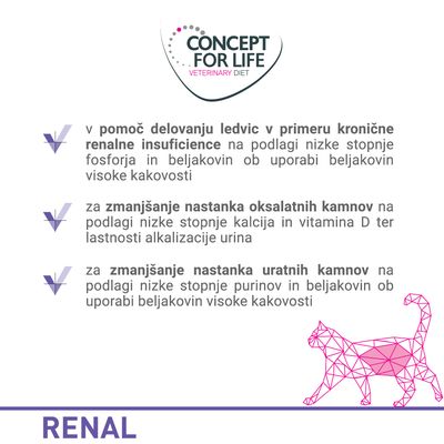 CONCEPT FOR LIFE VETERINARY DIET. Pomoč delovanju ledvic pri kronični insuficienci, zmanjšanje nastanka oksalatnih in uratnih kamnov. RENAL.