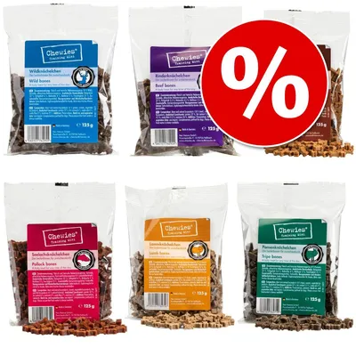 Chewies Training Mini kutyajutalomfalat válogatás, 6 féle ízben, 125 g-os csomagok. Nagy piros százalékos akciójelzés látható a képen.