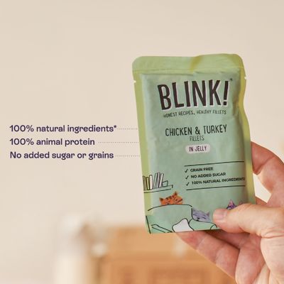 BLINK! Chicken & Turkey Fillets in Jelly. 100% natural ingredients, 100% animal protein, no added sugar or grain, grain-free.