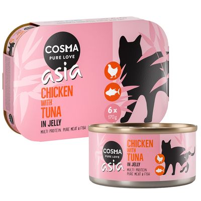 Cosma Asia Chicken with Tuna in Jelly, multiprotein, rent kött och fisk, förpackning med 6 burkar à 170 g. Siluett av katt och ikoner för kyckling och fisk synliga.