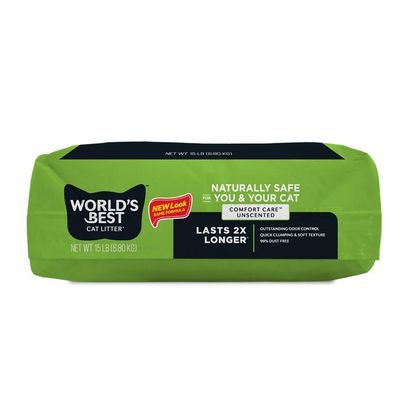 Cat litter, unscented, naturally safe, lasts twice as long, outstanding odour control, quick clumping, soft texture, 99% dust free, net weight 15 lb (6.80 kg).
