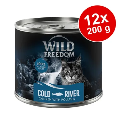 Wild Freedom Cold River Chicken with Pollock, 12x200 g, 100% grain-free recipe, boîte avec image de chat et cascade, texte en anglais sur l’étiquette.
