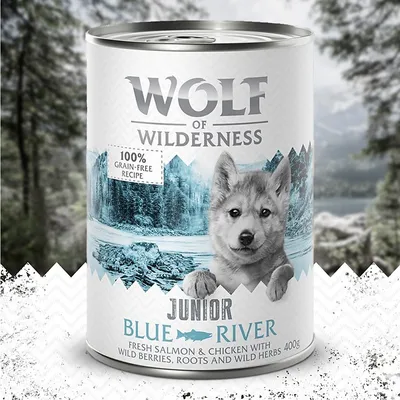 Wolf of Wilderness Junior Blue River, 100% bezobilná receptura, čerstvý losos a kuře s lesními plody, kořeny a bylinkami, 400g.