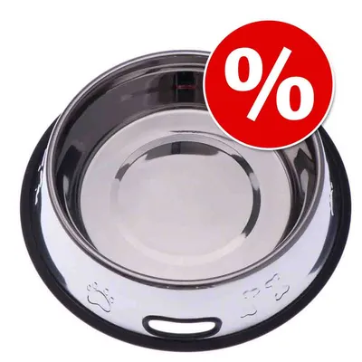 Comedero de acero inoxidable con borde antideslizante y huellas en relieve. Círculo rojo con símbolo de porcentaje, indica oferta o descuento.