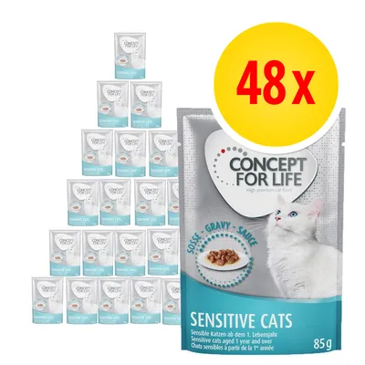 Concept for Life Sensitive Cats -kissan märkäruoka, 48 x 85 g annospussia. Pakkauksessa valkoinen kissa ja teksti: Sensitive Cats, sosse-gravy-sauce. Concept for Life Sensitive Cats -kissan märkäruoka, 48 x 85 g annospussia. Pakkauksessa valkoinen kissa ja teksti: Sensitive Cats, sosse-gravy-sauce.