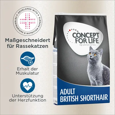 Concept for Life Adult British Shorthair Katzenfutter. Maßgeschneidert für Rassekatzen, Erhalt der Muskulatur, Unterstützung der Herzfunktion. Entwickelt mit Tierärzten und Ernährungsexperten.