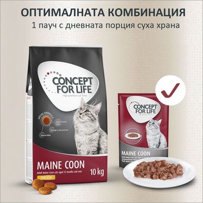 Concept for Life Maine Coon храна за котки, 400 г, с пиле. Специална формула: сърдечна функция, защита на ставите, адаптирани гранули. За Maine Coon котки над 15 месеца.