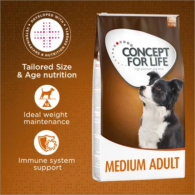 Concept for Life Medium Adult dog food. Developed with veterinarians and nutrition experts. Tailored size and age nutrition, ideal weight maintenance, immune system support.