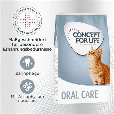 Concept for Life Oral Care Katzenfutter, maßgeschneidert für besondere Ernährungsbedürfnisse, Zahnpflege mit Ascophyllum nodosum. Entwickelt mit Tierärzten und Ernährungsexperten.