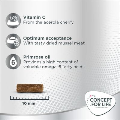 Tekst na engleskom: Vitamin C from the acerola cherry, Optimum acceptance with tasty dried mussel meat, Primrose oil provides a high content of valuable omega-6 fatty acids. Concept for Life logo.