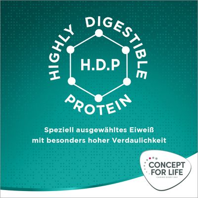 Highly Digestible Protein (H.D.P). Speziell ausgewähltes Eiweiss mit besonders hoher Verdaulichkeit. Concept for Life Caring Every Day.