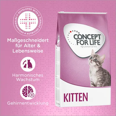 Concept for Life Kitten. Maßgeschneidert für Alter & Lebensweise, harmonisches Wachstum, Gehirnentwicklung. Entwickelt mit Tierärzten und Ernährungsexperten.