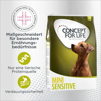 Concept for Life Mini Sensitive Hundefutter. Massgeschneidert für besondere Ernährungsbedürfnisse, nur eine tierische Proteinquelle, Verdauungssicherheit. Entwickelt mit Experten.