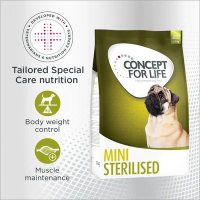 CONCEPT FOR LIFE MINI STERILISED hrana za pse, tekst na engleskom: Tailored Special Care nutrition, Body weight control, Muscle maintenance, za pse do 10 kg, slika psa mopsa.