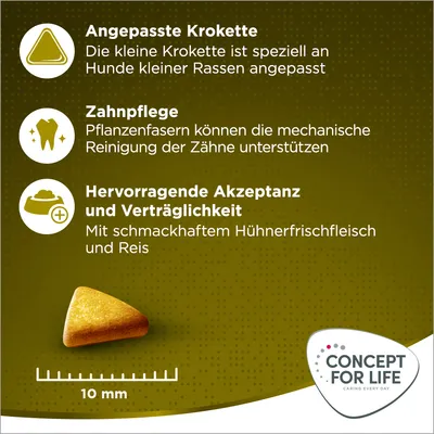 Angepasste Krokette für kleine Hunde, Zahnpflege durch Pflanzenfasern, hervorragende Akzeptanz mit Hühnerfrischfleisch und Reis. Grösse der Krokette: 10 mm. Concept for Life Logo sichtbar.