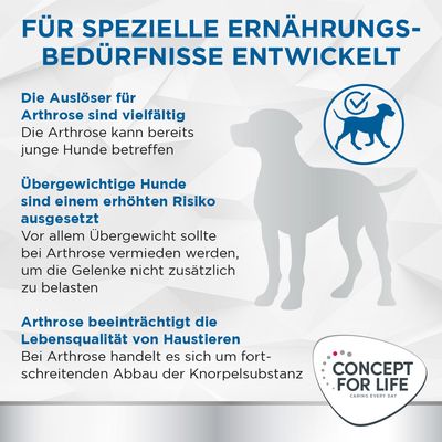 Für spezielle Ernährungsbedürfnisse entwickelt. Informationen zu Arthrose bei Hunden: Ursachen, Risiko durch Übergewicht und Auswirkungen auf Lebensqualität. Concept for Life Logo sichtbar.