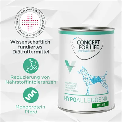 Boîte Concept for Life Veterinary Diet Hypoallergenic Horse. Texte en allemand : réduction des intolérances alimentaires, monoprotéine cheval, aliment diététique scientifiquement fondé.