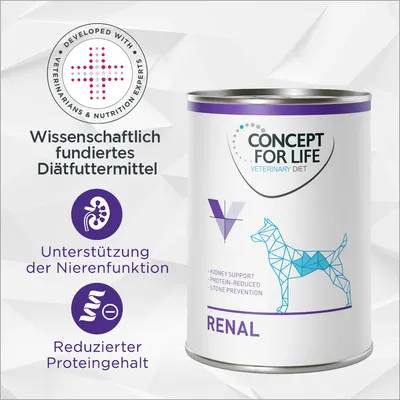 Concept for Life Veterinary Diet Renal. Wissenschaftlich fundiertes Diätfuttermittel zur Unterstützung der Nierenfunktion und reduziertem Proteingehalt.