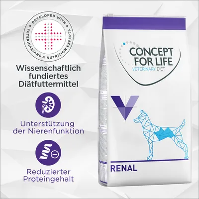 CONCEPT FOR LIFE VETERINARY DIET RENAL, texte en allemand : Wissenschaftlich fundiertes Diätfuttermittel, Unterstützung der Nierenfunktion, Reduzierter Proteingehalt. Texte en anglais et allemand.