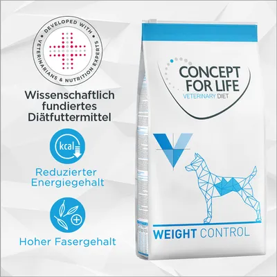 Sac Concept for Life Veterinary Diet Weight Control, texte en allemand : Diätfuttermittel, reduzierter Energiegehalt, hoher Fasergehalt. Developed with veterinarians & nutrition experts. Sac Concept for Life Veterinary Diet Weight Control, texte en allemand : Diätfuttermittel, reduzierter Energiegehalt, hoher Fasergehalt. Developed with veterinarians & nutrition experts.