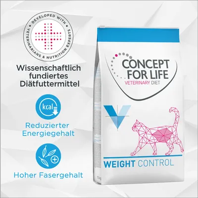 Sac Concept for Life Veterinary Diet Weight Control pour chat, texte allemand : aliment diététique, énergie réduite, fibres élevées. Sceau Developed with Veterinarians & Nutrition Experts.