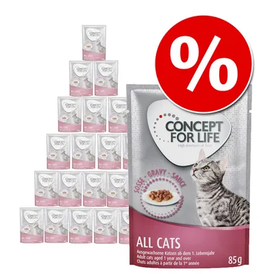 Multipack de sobres Concept for Life All Cats en salsa, 85 g. Imagen promocional con símbolo de porcentaje para oferta. Texto visible en inglés, alemán y francés.