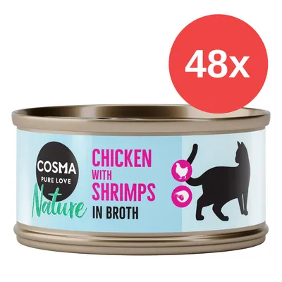 Lata Cosma Pure Love Nature, texto visible: Chicken with Shrimps in Broth. Imagen de gato y símbolos de pollo y gambas. Etiqueta roja con '48x'.
