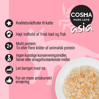 COSMA PURE LOVE asia. Kvalitetsvådfoder til katte, højt indhold af frisk kød og fisk, multi protein, ingen kunstige konserveringsmidler, let beriget med ris, artskorrekt ernæring.