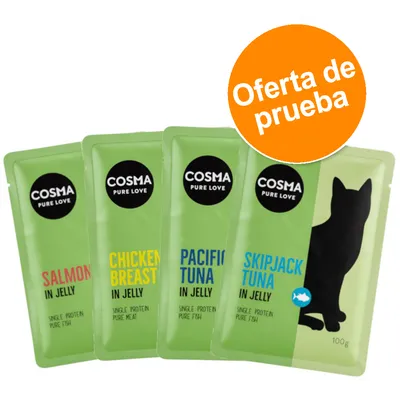 Cuatro sobres Cosma Pure Love: Salmon in Jelly, Chicken Breast in Jelly, Pacific Tuna in Jelly, Skipjack Tuna in Jelly. Etiqueta naranja: Oferta de prueba.