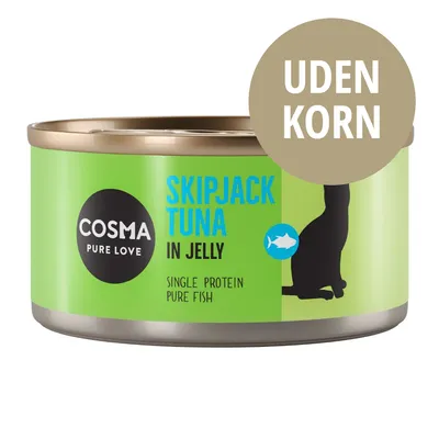 COSMA PURE LOVE Skipjack Tuna in Jelly, single protein pure fish, UDEN KORN. Dåse med grøn label og sort kattefigur. COSMA PURE LOVE Skipjack Tuna in Jelly, single protein pure fish, UDEN KORN. Dåse med grøn label og sort kattefigur.