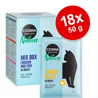 COSMA Pure Love Nature Mix Box Chicken and Fish in Broth, 18x50 g. CHICKEN BREAST IN BROTH, 100% natural ingredients. Pakke med portionsposer kattemad.
