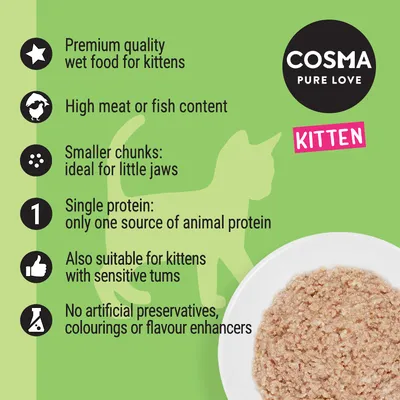 Premium quality wet food for kittens, high meat or fish content, smaller chunks, single protein source, suitable for sensitive tums, no artificial preservatives, colourings or enhancers.