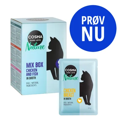 Cosma Pure Love Nature Mix Box Chicken and Fish in Broth, 100% natural ingredients. Enkeltpose: Chicken Breast in Broth 50 g. Blå cirkel med teksten PRØV NU.