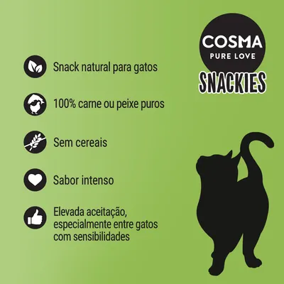 COSMA PURE LOVE SNACKIES. Snack natural para gatos, 100% carne ou peixe puros, sem cereais, sabor intenso, elevada aceitação especialmente entre gatos com sensibilidades.