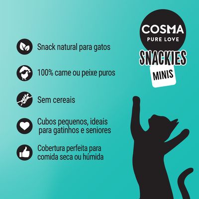 COSMA PURE LOVE SNACKIES MINIS. Snack natural para gatos, 100% carne ou peixe puros, sem cereais, cubos pequenos ideais para gatinhos e seniores, cobertura perfeita para comida seca ou húmida.
