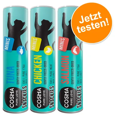 Cosma Snackies Pure Love Minis, tubes de friandises lyophilisées pour chat : Tuna 100% pure fish, Chicken 100% pure meat, Salmon 100% pure fish. Texte en allemand : Jetzt testen! Cosma Snackies Pure Love Minis, tubes de friandises lyophilisées pour chat : Tuna 100% pure fish, Chicken 100% pure meat, Salmon 100% pure fish. Texte en allemand : Jetzt testen!