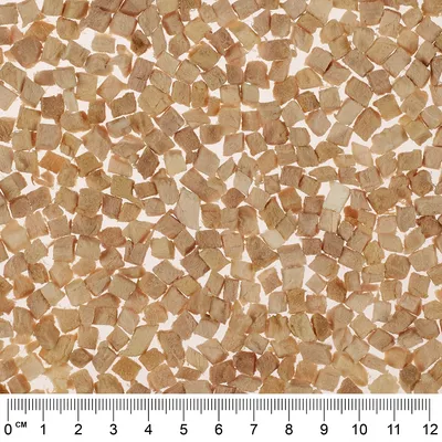 Cubetti beige di alimento per animali su sfondo bianco, disposti accanto a un righello in centimetri da 0 a 12 per mostrare la dimensione dei pezzi.