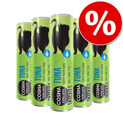 Cosma Snackies Τόνος, λυοφιλοποιημένο, 100% καθαρό ψάρι. Προσφορά με κόκκινο σύμβολο ποσοστού.