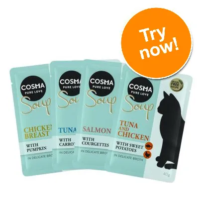 Cosma Pure Love Soup pouches: Chicken Breast with Pumpkin, Tuna with Carrot, Salmon with Courgettes, Tuna and Chicken with Sweet Potatoes. Orange badge reads Try now!