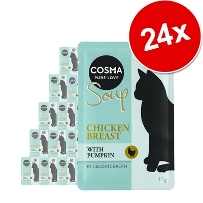Cosma Pure Love Soup Chicken Breast with Pumpkin, 24x40g, plicuri cu supă pentru pisici, piept de pui și dovleac în bulion delicat. Ambalaj multipack vizibil.