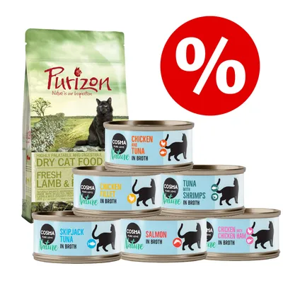 Purizon Dry Cat Food Fresh Lamb & Chicken pose samt seks Cosma Nature dåser: Chicken and Tuna, Chicken Fillet, Tuna with Shrimps, Skipjack Tuna, Salmon, Chicken with Chicken Ham. Procenttegn vises.