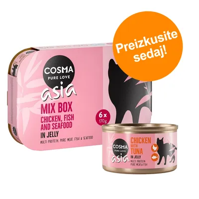 Cosma Pure Love Asia Mix Box, 6 x 170 g, Chicken, Fish and Seafood in Jelly. Preizkusite sedaj! Na sliki tudi konzerva Chicken with Tuna in Jelly.