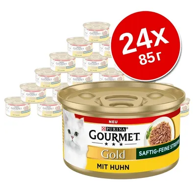 24 банки по 85 г Purina Gourmet Gold mit Huhn, изображение упаковки с белой кошкой и надписью SAFTIG-FEINE STREIFEN