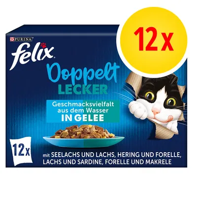 Purina Felix Doppelt Lecker, 12x bustine in gelatina, varietà di pesce. Testo visibile in tedesco: Geschmacksvielfalt aus dem Wasser IN GELEE, mit Seelachs und Lachs, Hering und Forelle. Purina Felix Doppelt Lecker, 12x bustine in gelatina, varietà di pesce. Testo visibile in tedesco: Geschmacksvielfalt aus dem Wasser IN GELEE, mit Seelachs und Lachs, Hering und Forelle.