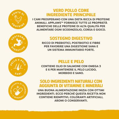 Vantaggi: vero pollo come ingrediente principale, supporta la digestione, pelle e pelo sani grazie all’olio di salmone, solo componenti naturali con vitamine e minerali, senza riempitivi o additivi artificiali.